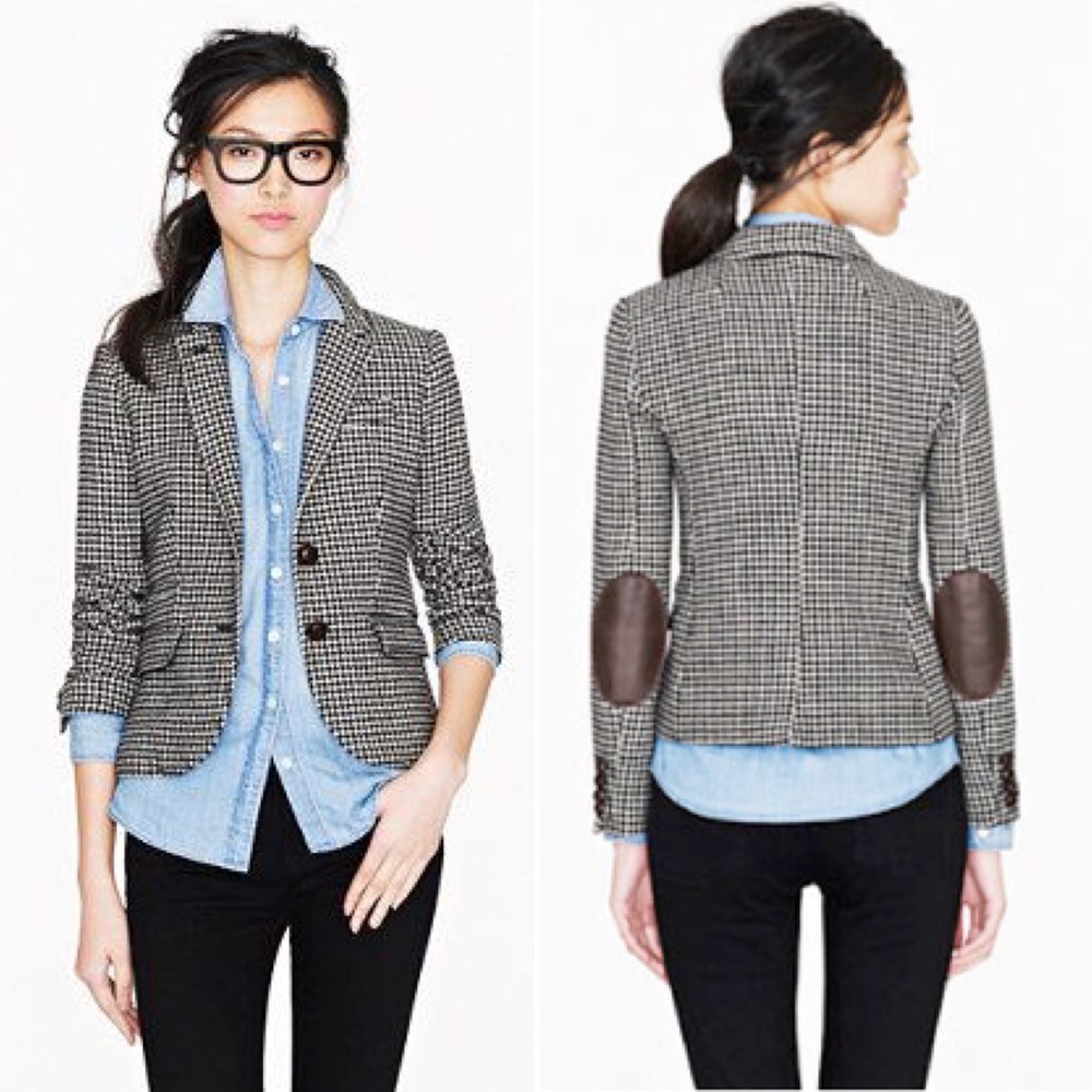 J.Crew Schoolboy Blazer Black White Houndstooth Wool Leather Elbow Patch Jacket